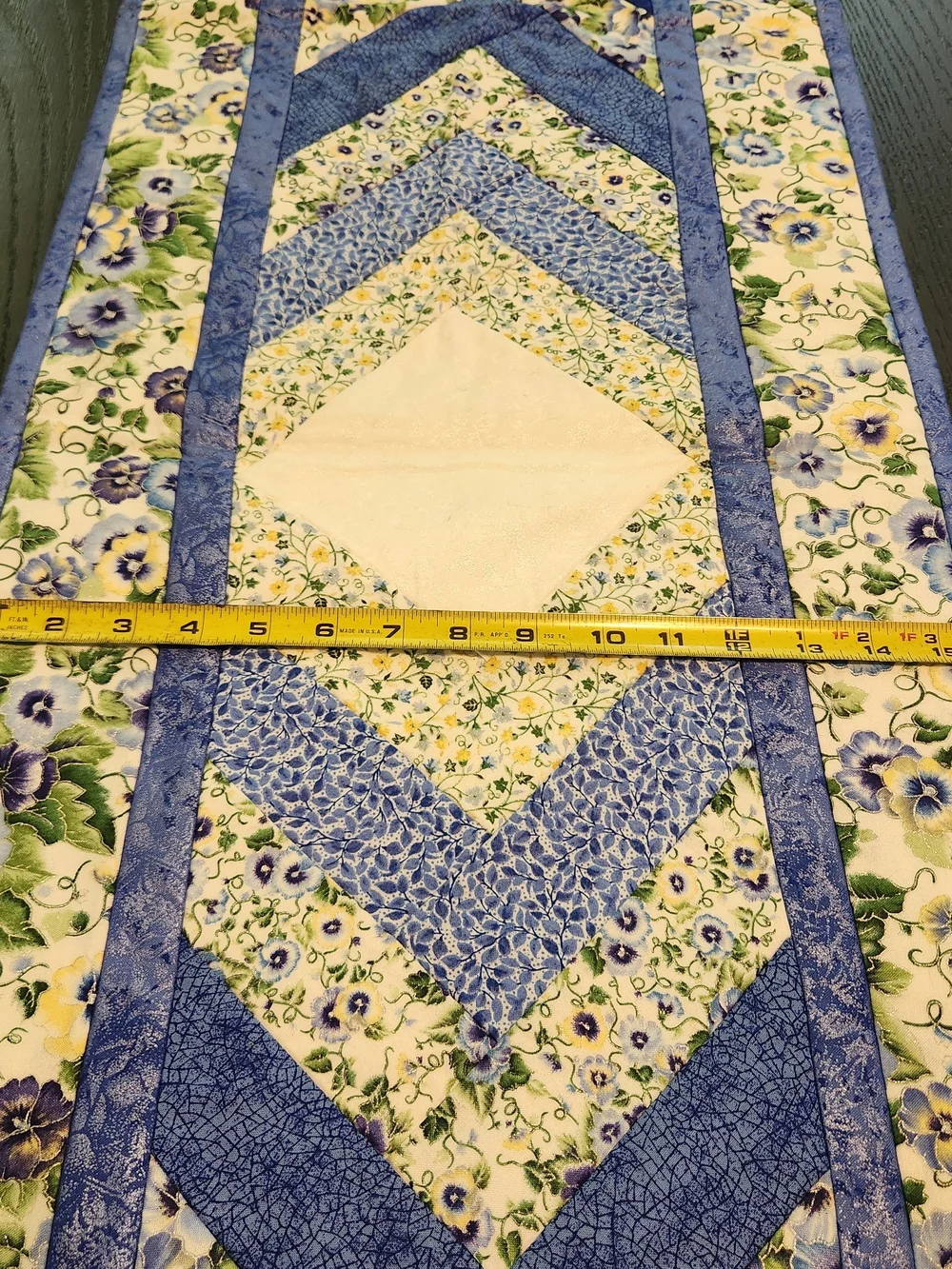 Handcrafted Blue & White Floral Quilted Reversible Table Runner with Pansies